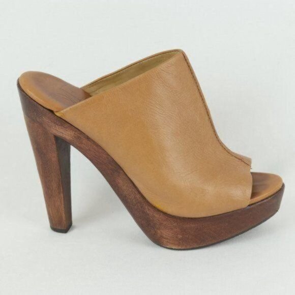 Diane Von Furstenberg Faye Women's Size 6.5 Tan Leather Open Toe Wood Sole Mule - Picture 7 of 10